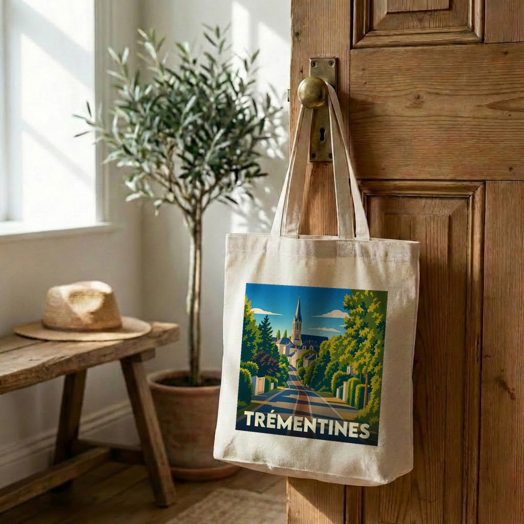 Tote bag souvenir de la ville de Trémentines avec une illustration stylisée.