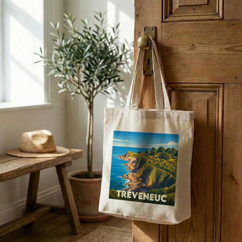 Tote bag souvenir de la ville de Tréveneuc avec une illustration stylisée de son littoral.
