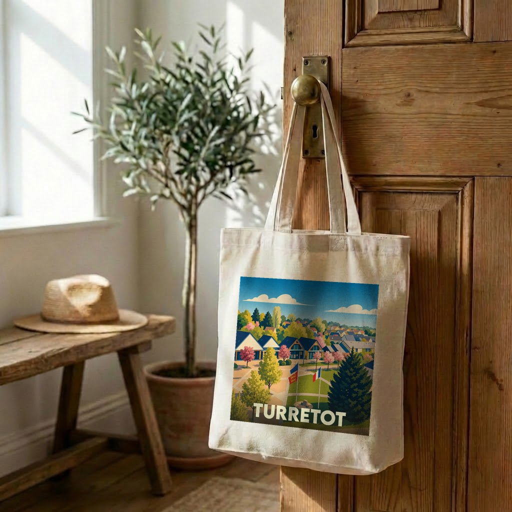 Tote bag souvenir de la ville de Turretot avec une illustration stylisée.