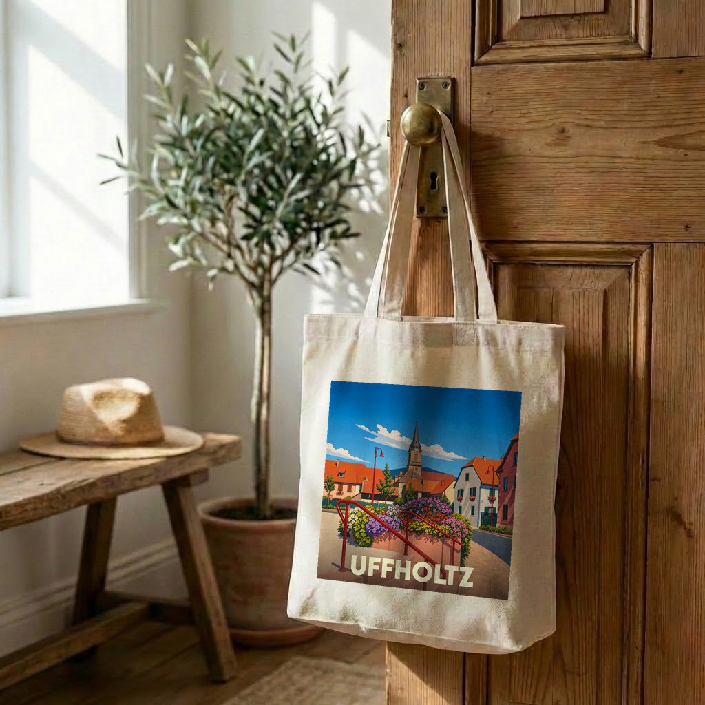Tote bag souvenir de la ville d'Uffholtz avec une illustration colorée et stylisée de son centre historique.
