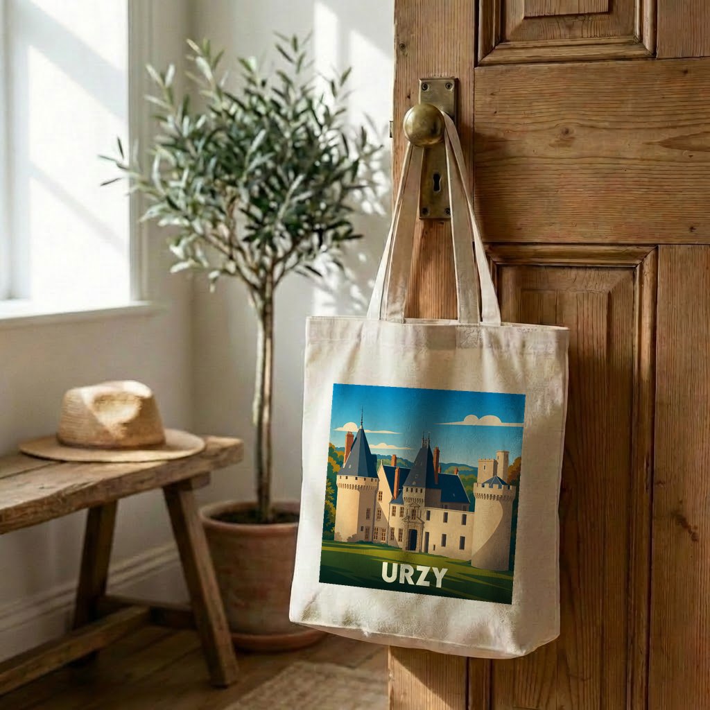Tote bag souvenir de la ville d'Urzy avec une illustration stylisée d'un château.