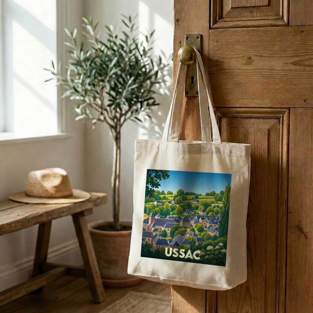 Tote bag souvenir de la ville d'Ussac avec une illustration stylisée.