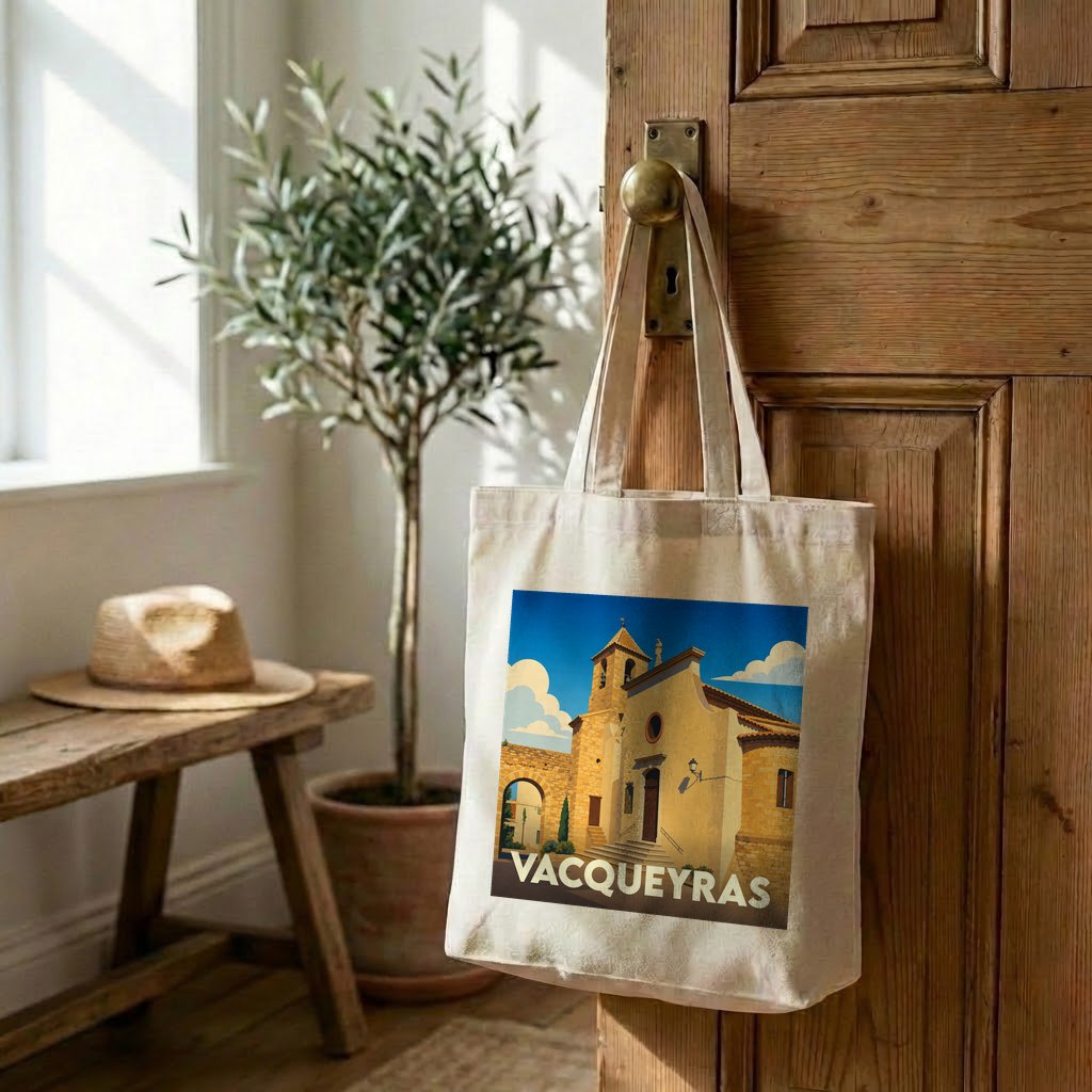 Sac fourre-tout (tote bag) souvenir de la ville de Vacqueyras avec une illustration stylisée.