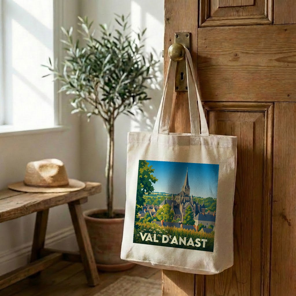 Tote bag souvenir de la ville de Val d'Anast avec une illustration stylisée.
