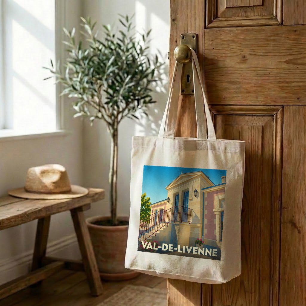 Tote bag souvenir de la ville de Val-de-Livenne avec une illustration colorée et stylisée.