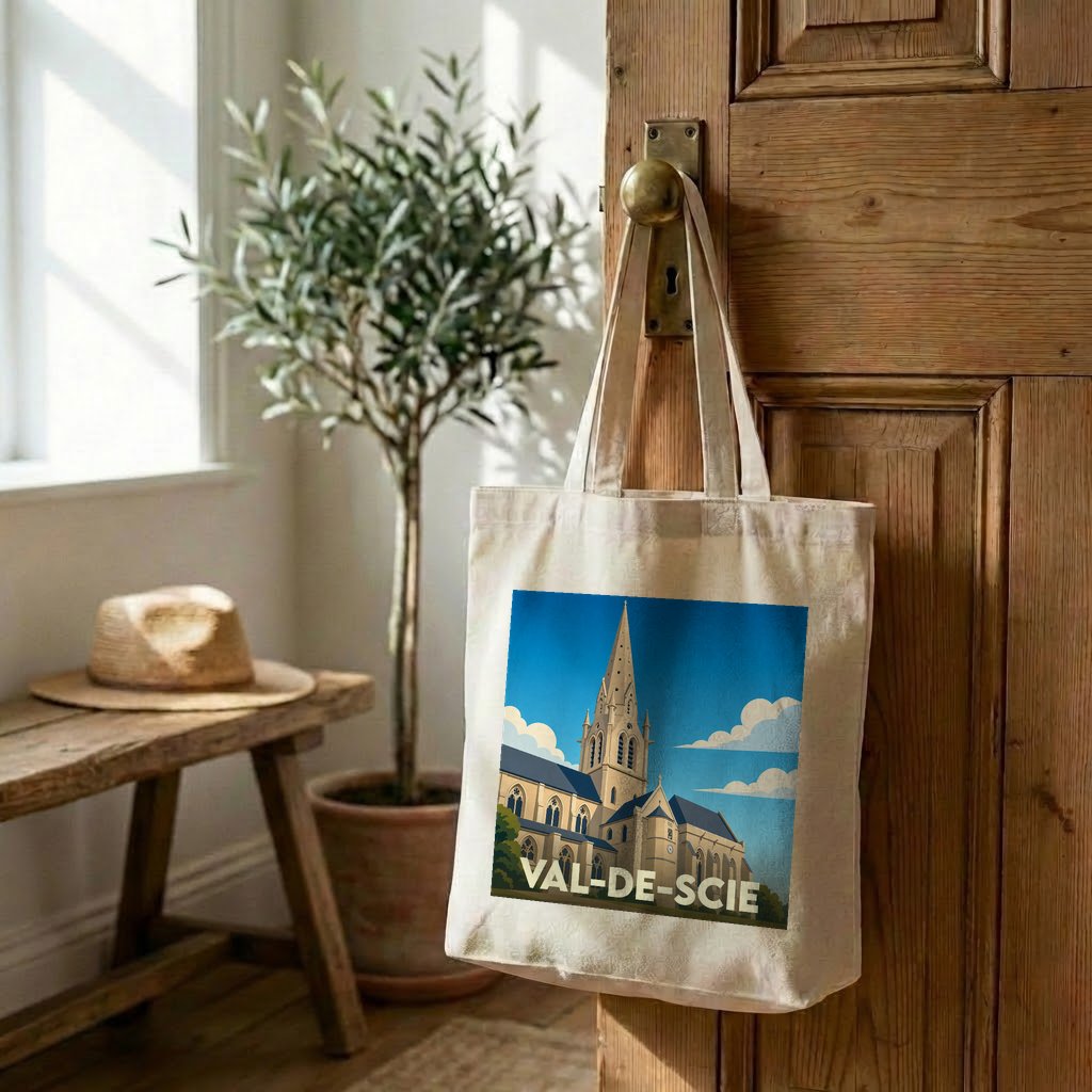 Tote bag souvenir de la ville de Val-de-Scie avec une illustration stylisée de son église.