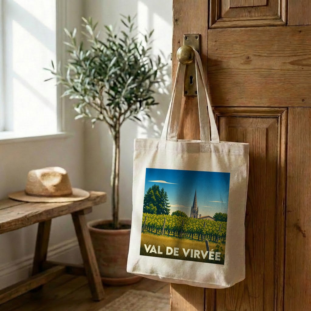 Tote bag souvenir de la ville de Val de Virvée avec une illustration stylisée de vignobles et d'un clocher.