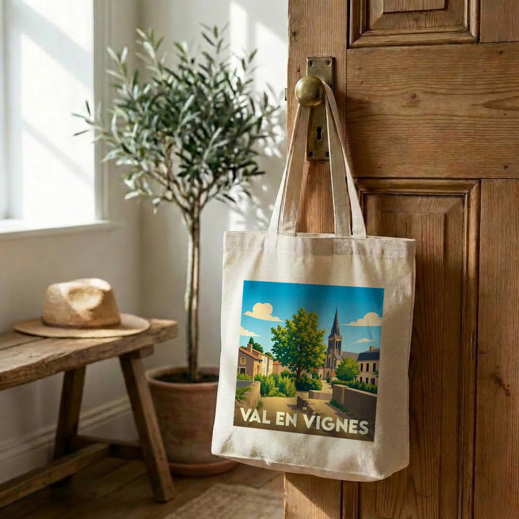 Sac cabas en toile souvenir de Val en Vignes arborant une illustration stylisée du village.