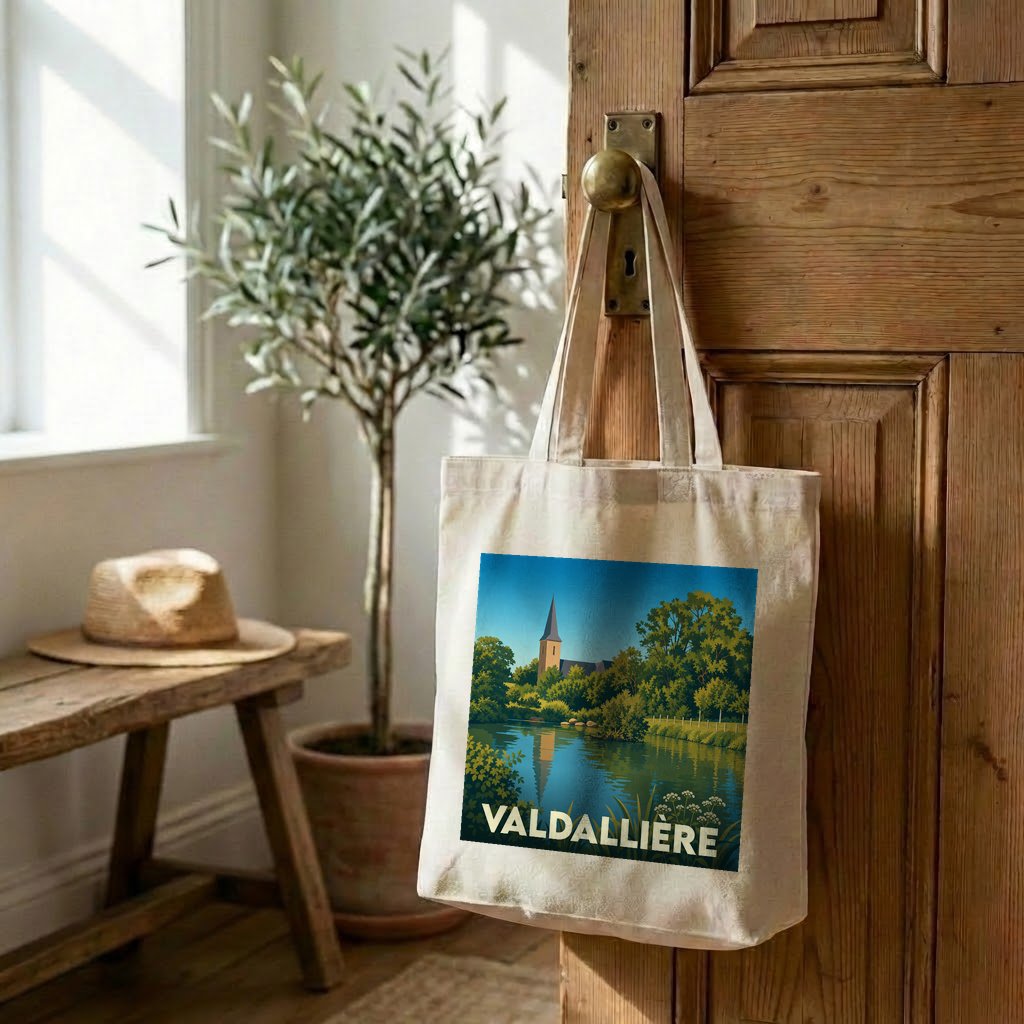 Tote bag souvenir de la ville de Valdallière avec une illustration stylisée d'un paysage fluvial.