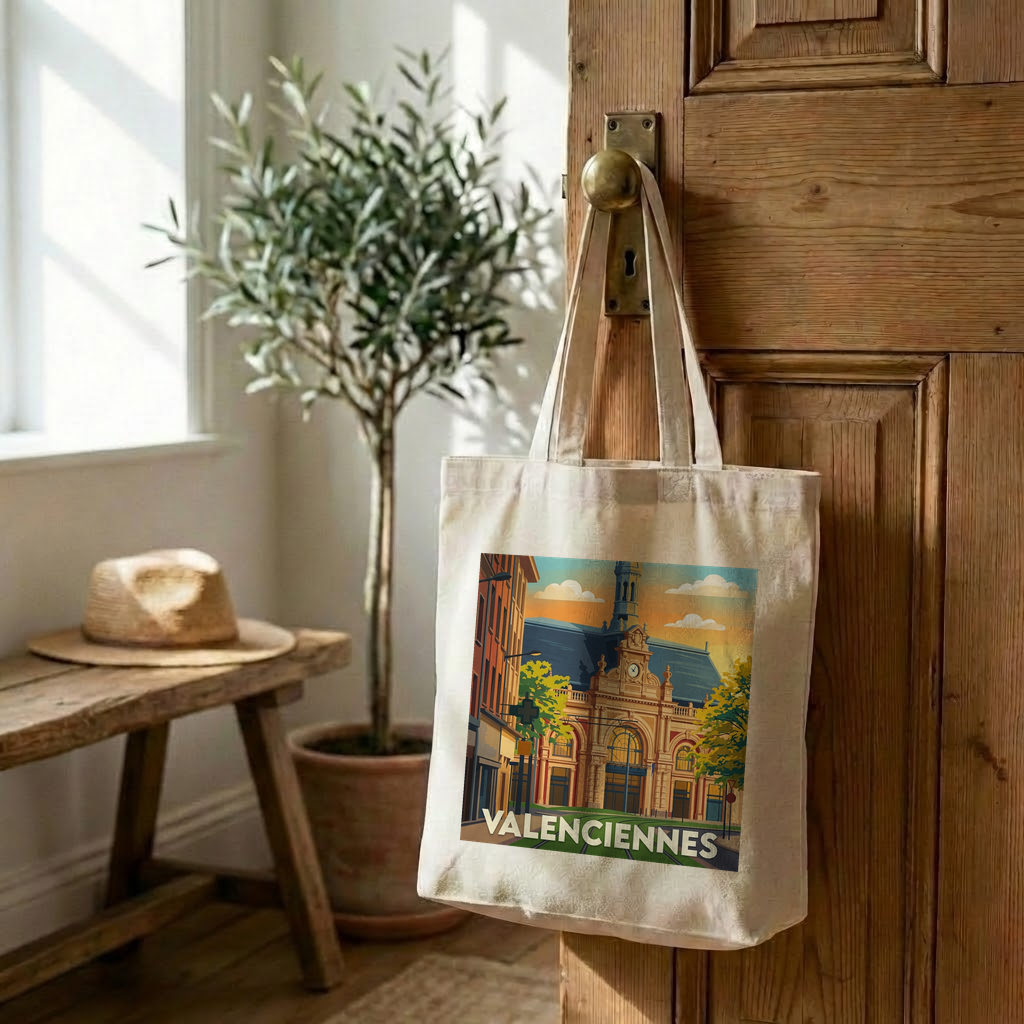 Tote bag souvenir de la ville de Valenciennes avec une illustration stylisée.