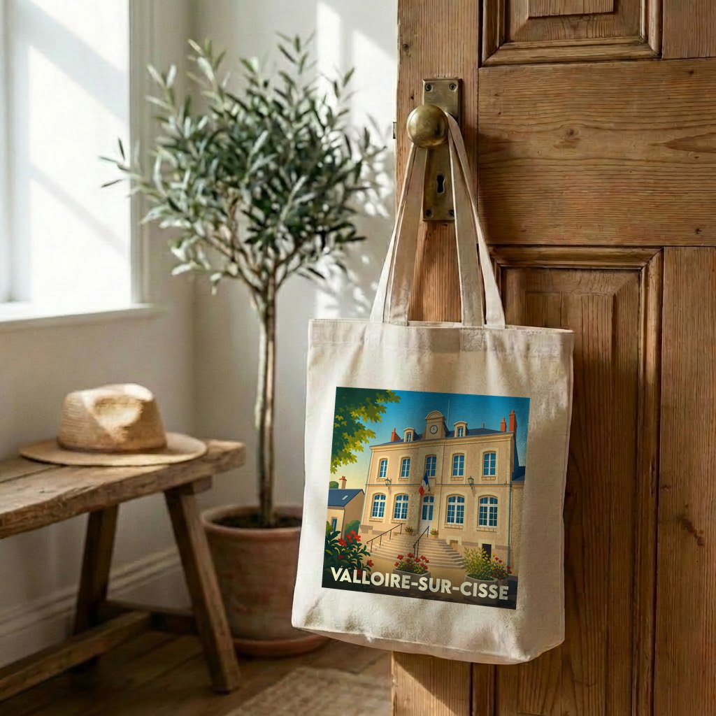 Tote bag souvenir de la ville de Valloire-sur-Cisse avec une illustration stylisée.