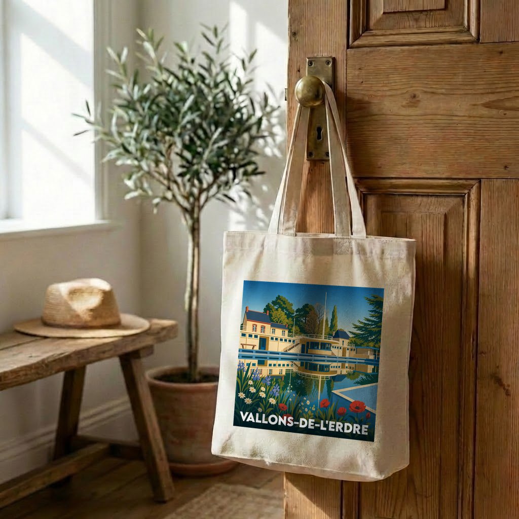 Tote bag souvenir de Vallons-de-l'Erdre avec une illustration colorée de bord de rivière.