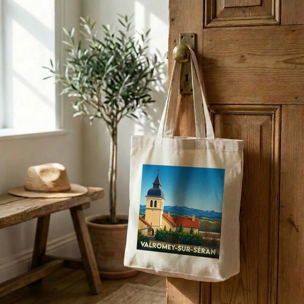 Tote bag souvenir de Valromey-sur-Séran avec une illustration stylisée de son église.