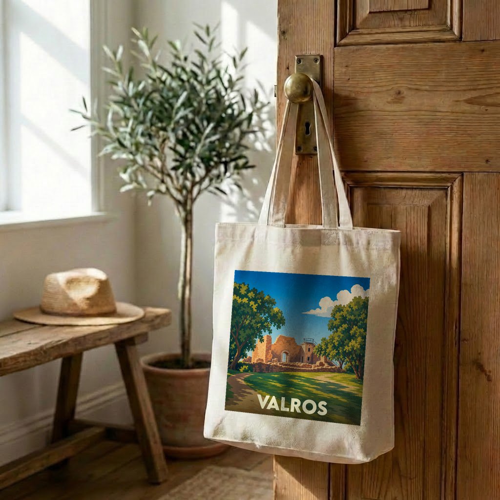 Tote bag souvenir de la ville de Valros avec une illustration stylisée.