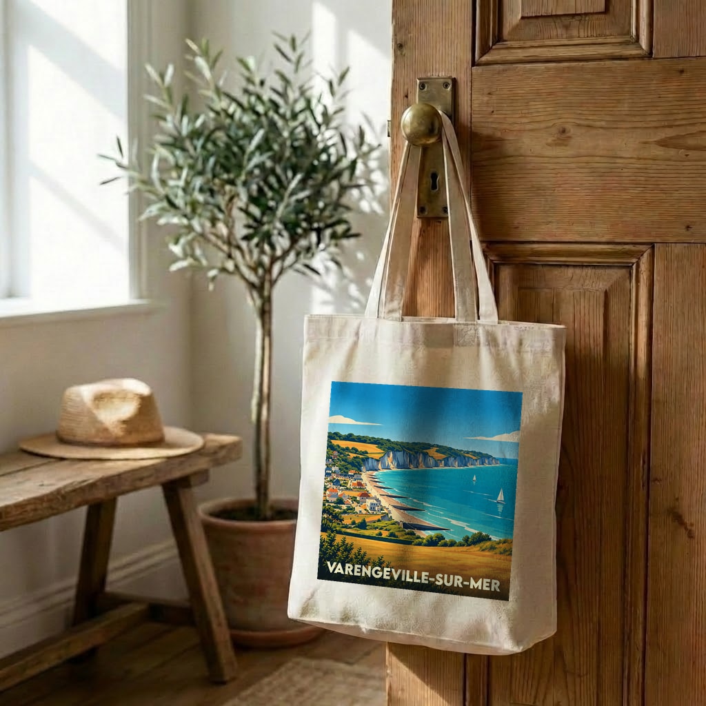 Tote bag souvenir de la ville de Varengeville-sur-Mer avec une illustration de sa côte littorale.
