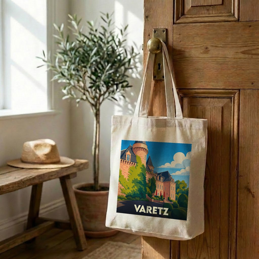 Tote bag souvenir de la ville de Varetz avec une illustration stylisée d'un château.