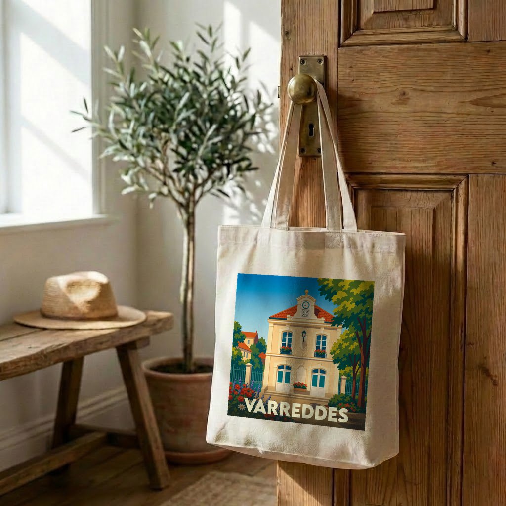 Tote bag souvenir de la ville de Varreddes avec une illustration stylisée.