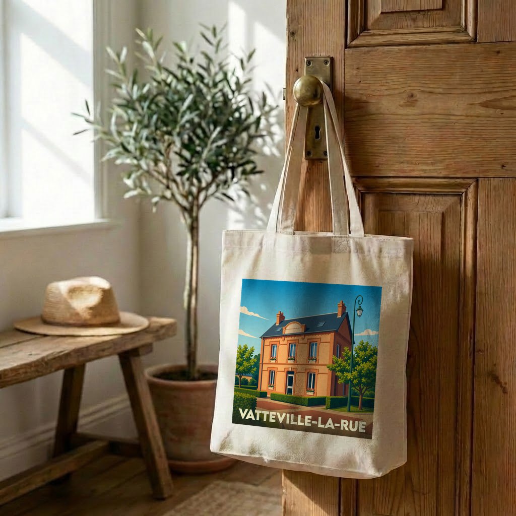 Tote bag souvenir de la ville de Vatteville-la-Rue avec une illustration stylisée d'une maison normande.