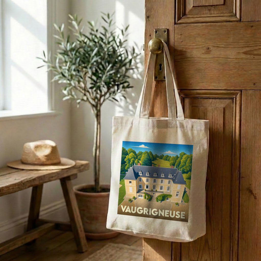 Tote bag souvenir de la ville de Vaugrigneuse avec une illustration stylisée.