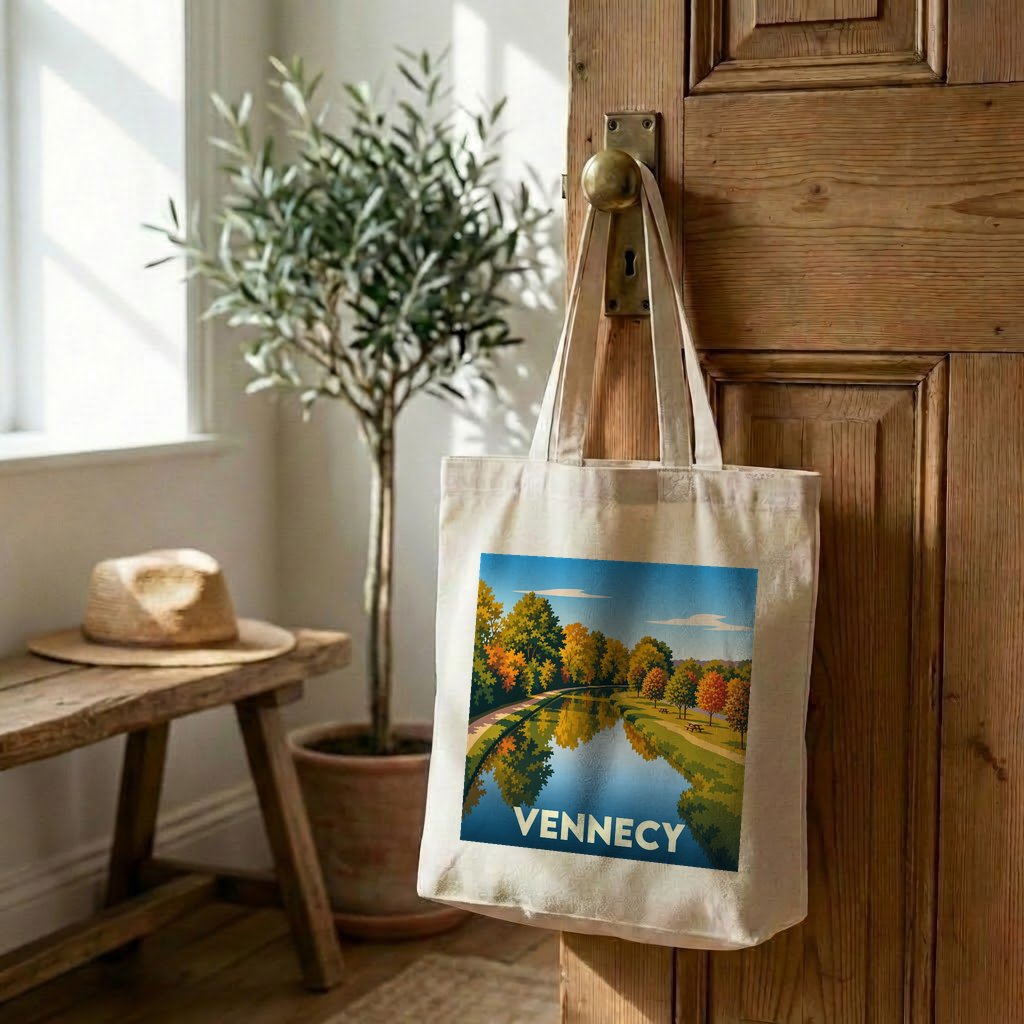 Tote bag souvenir de la ville de Vennecy avec une illustration automnale stylisée.