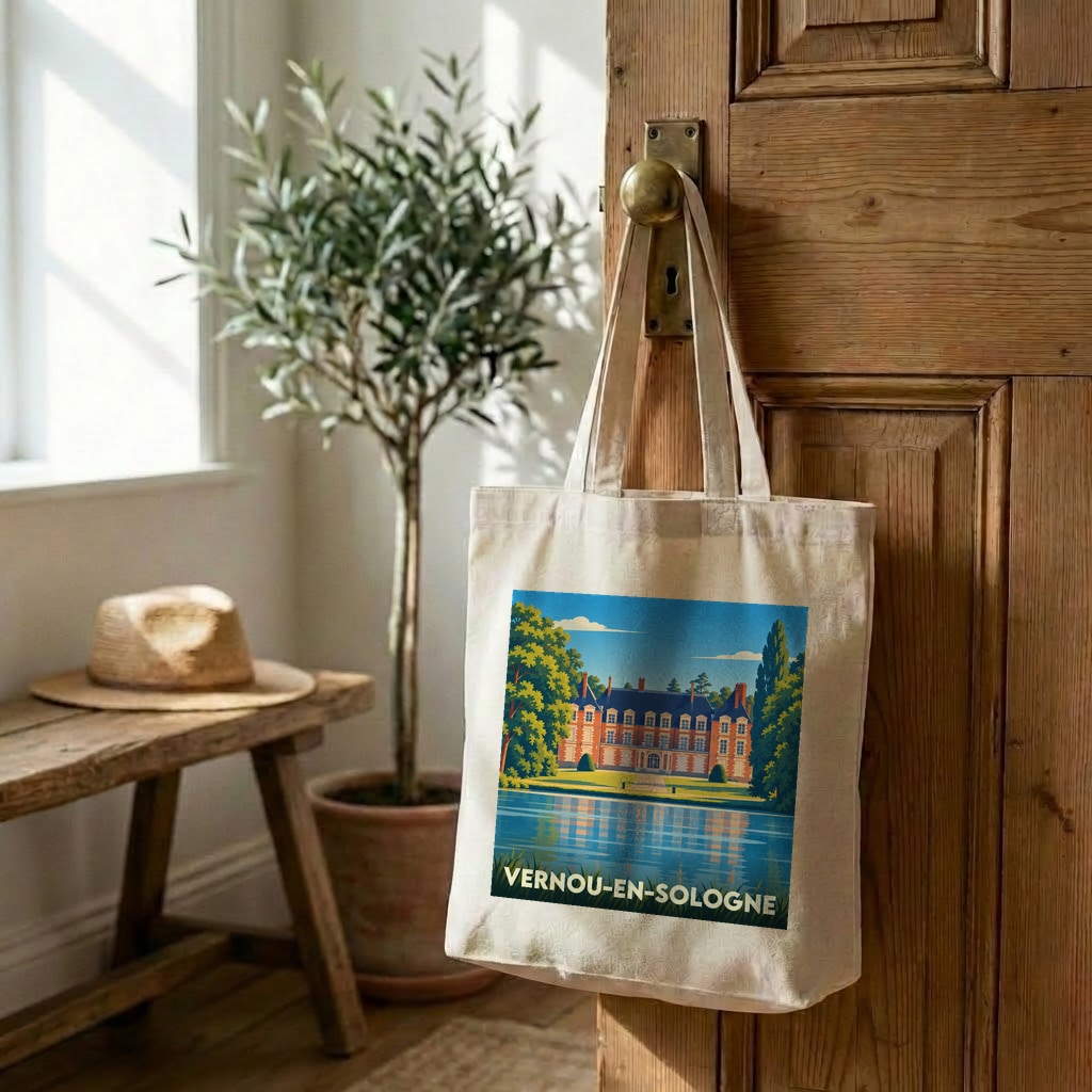 Tote bag souvenir de la ville de Vernou-en-Sologne avec une illustration stylisée d'un château.