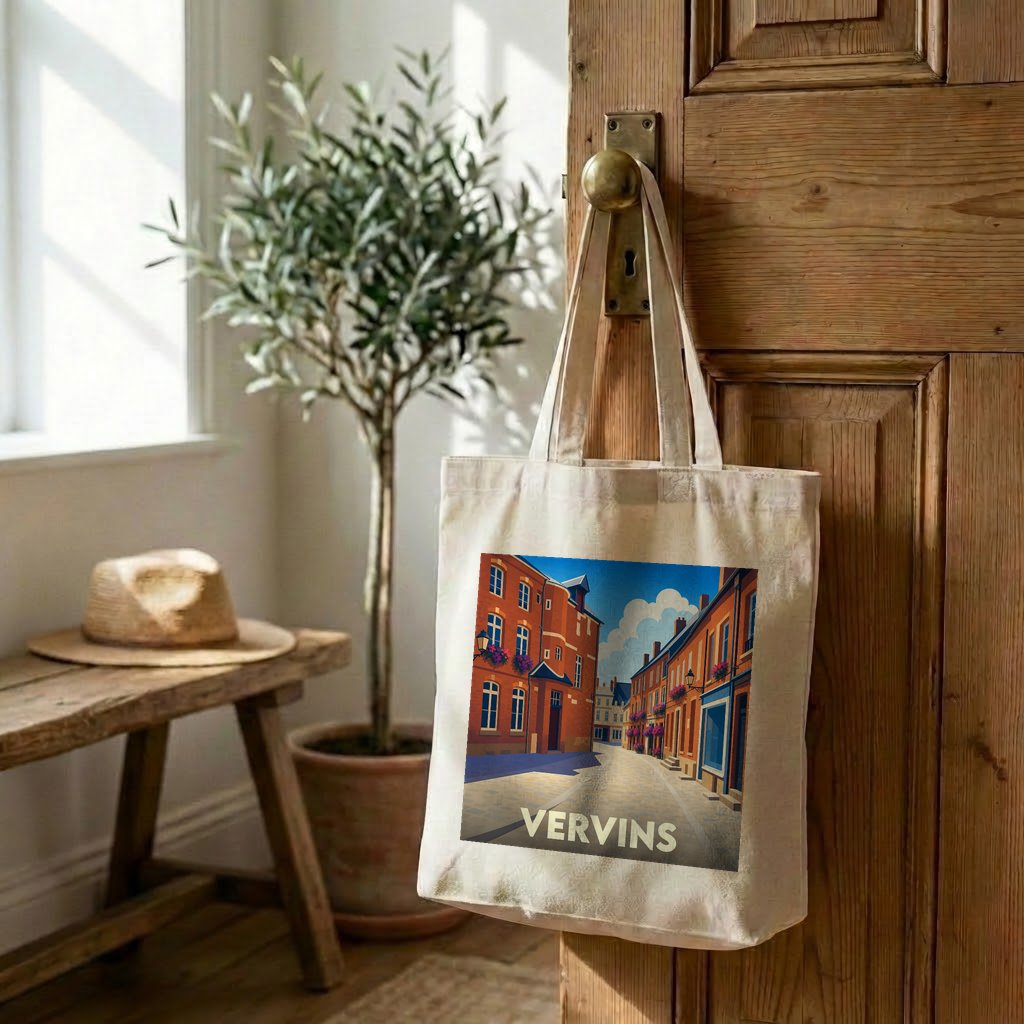Tote bag souvenir de la ville de Vervins avec une illustration colorée et stylisée.