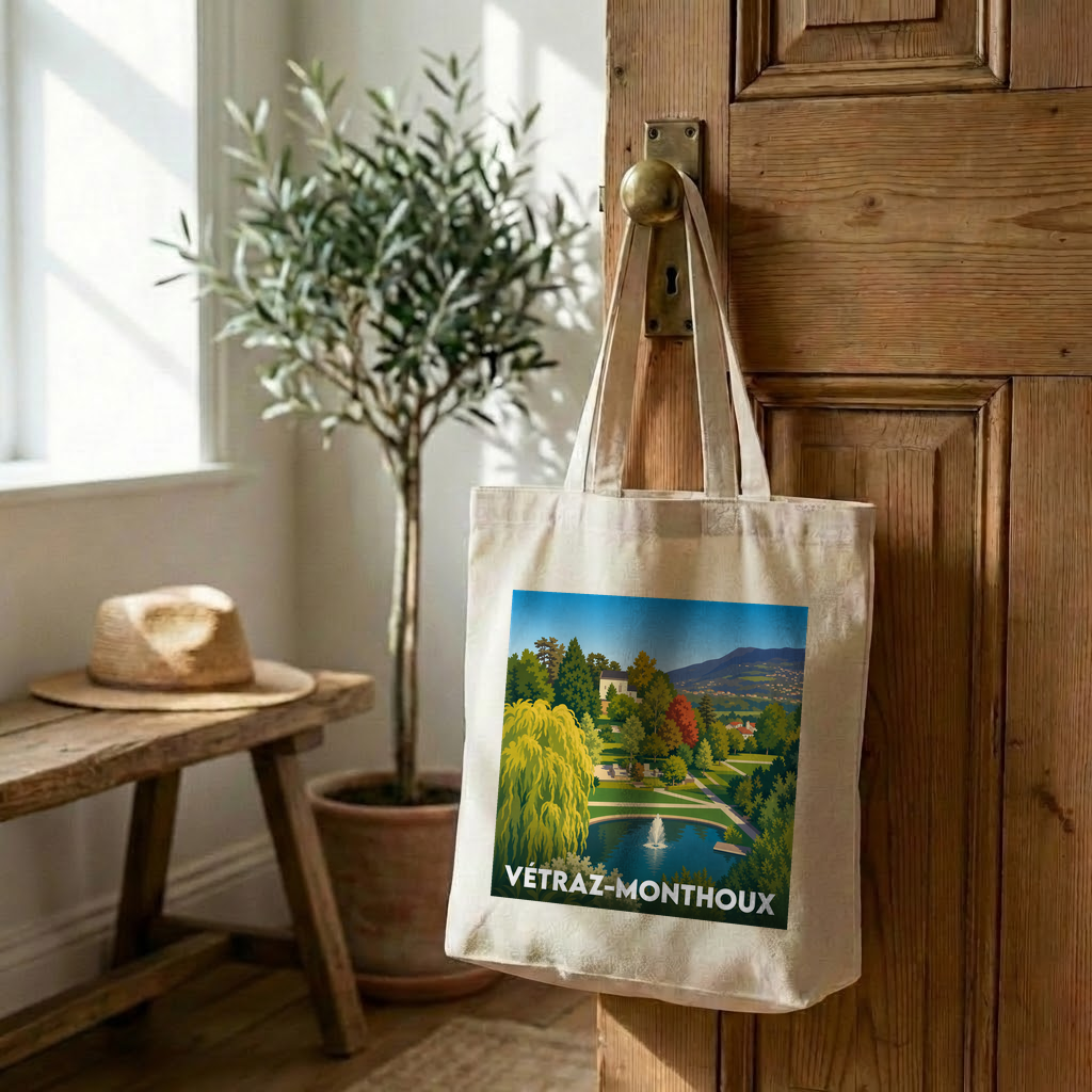 Tote bag souvenir de la ville de Vétraz-Monthoux avec une illustration stylisée.