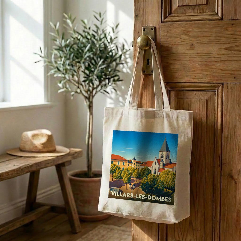 Tote bag souvenir de la ville de Villars-les-Dombes avec une illustration stylisée.
