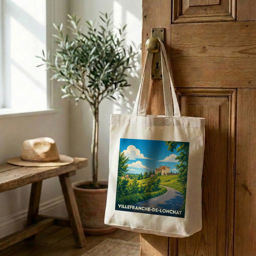 Tote bag souvenir de la ville de Villefranche-de-Lonchat avec une illustration stylisée de paysage.