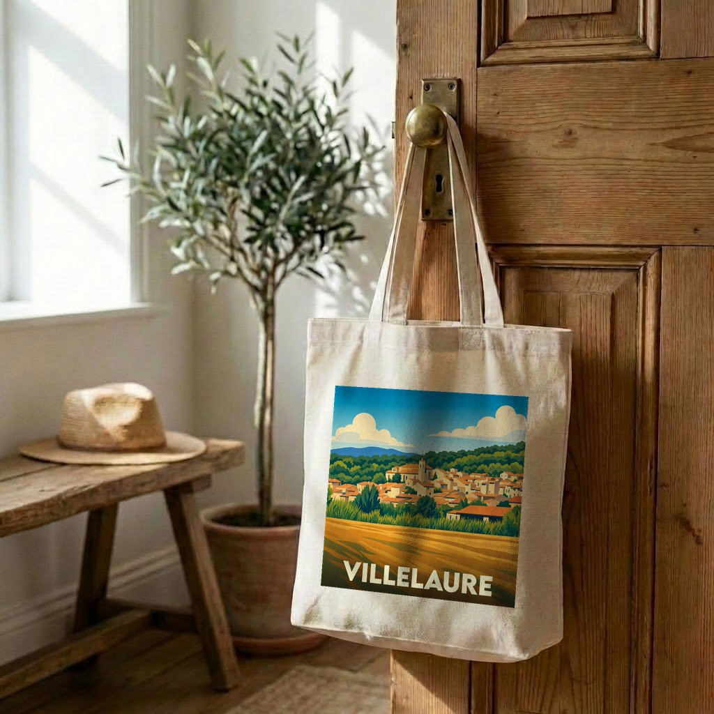Tote bag souvenir de la ville de Villelaure avec une illustration stylisée.