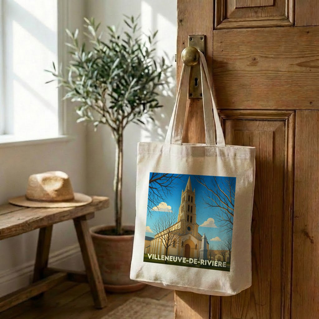 Tote bag souvenir de la ville de Villeneuve-de-Rivière avec une illustration stylisée de son église.