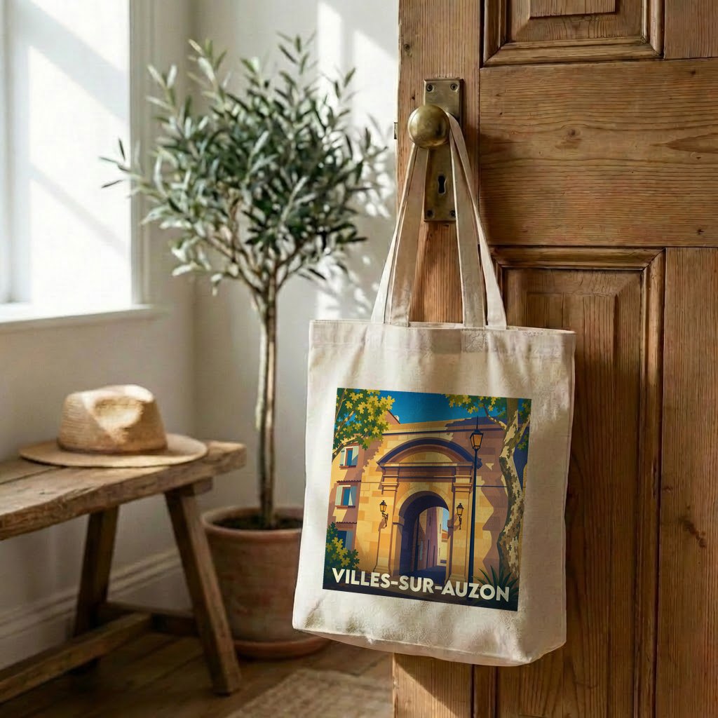 Tote bag souvenir de la ville de Villes-sur-Auzon avec une illustration stylisée d'une arche historique.