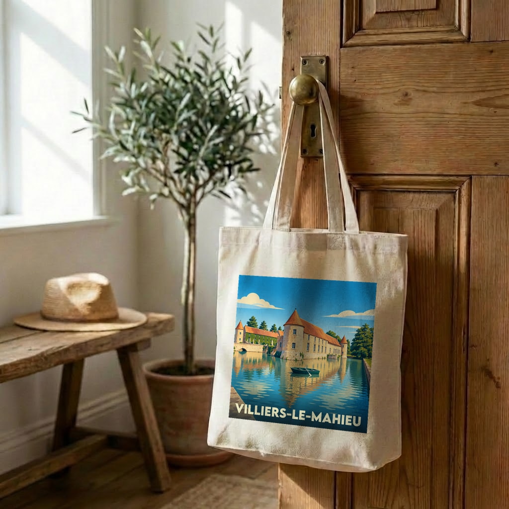 Tote bag souvenir de la ville de Villiers-le-Mahieu avec une illustration stylisée.