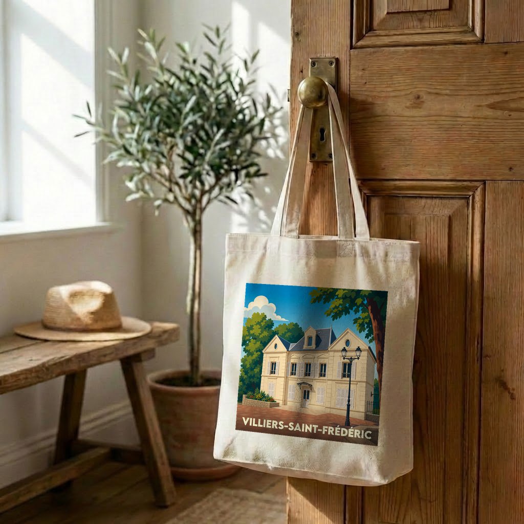 Tote bag souvenir de la ville de Villiers-Saint-Frédéric avec une illustration stylisée.