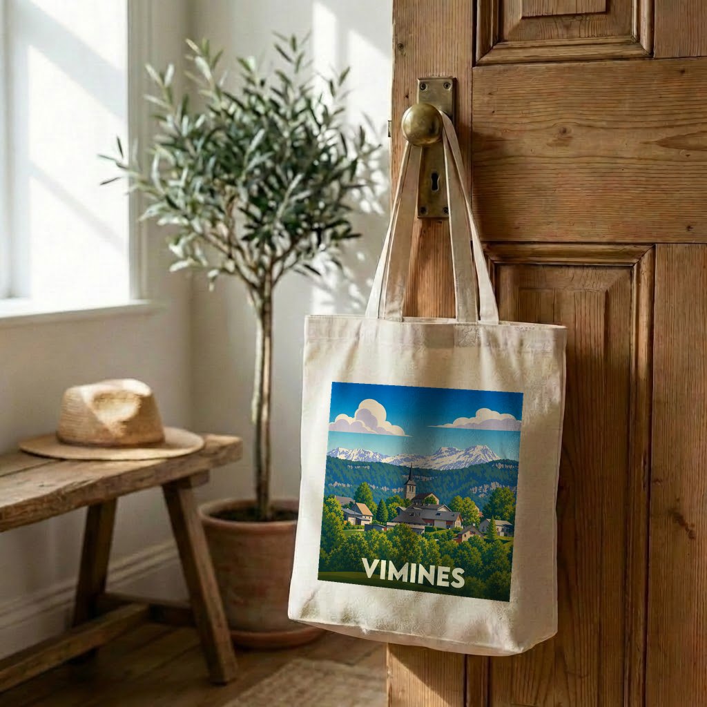 Tote bag souvenir de la ville de Vimines avec une illustration paysagère stylisée.