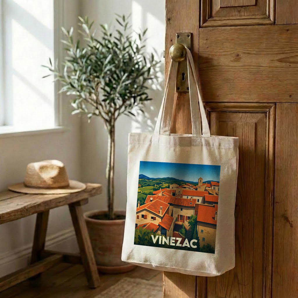 Tote bag souvenir de la ville de Vinezac avec une illustration stylisée de ses toits orangés.