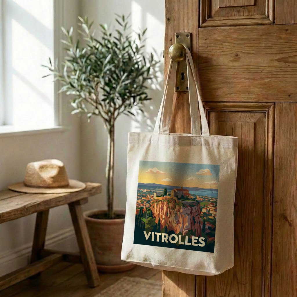 Tote bag souvenir de la ville de Vitrolles avec une illustration stylisée.