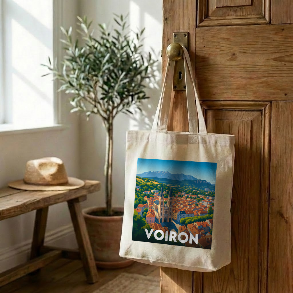 Tote bag souvenir de la ville de Voiron avec une illustration stylisée.