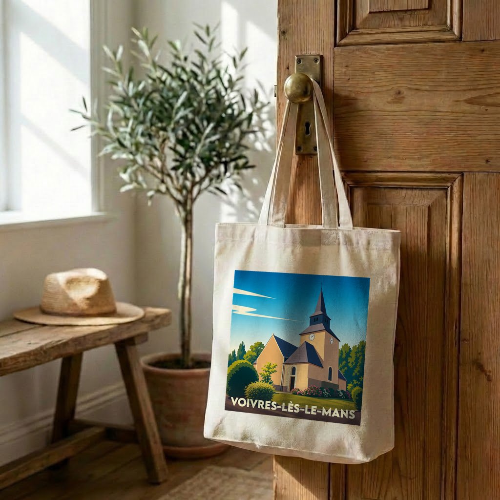Tote bag souvenir de la ville de Voivres-lès-le-Mans avec une illustration stylisée de son église.