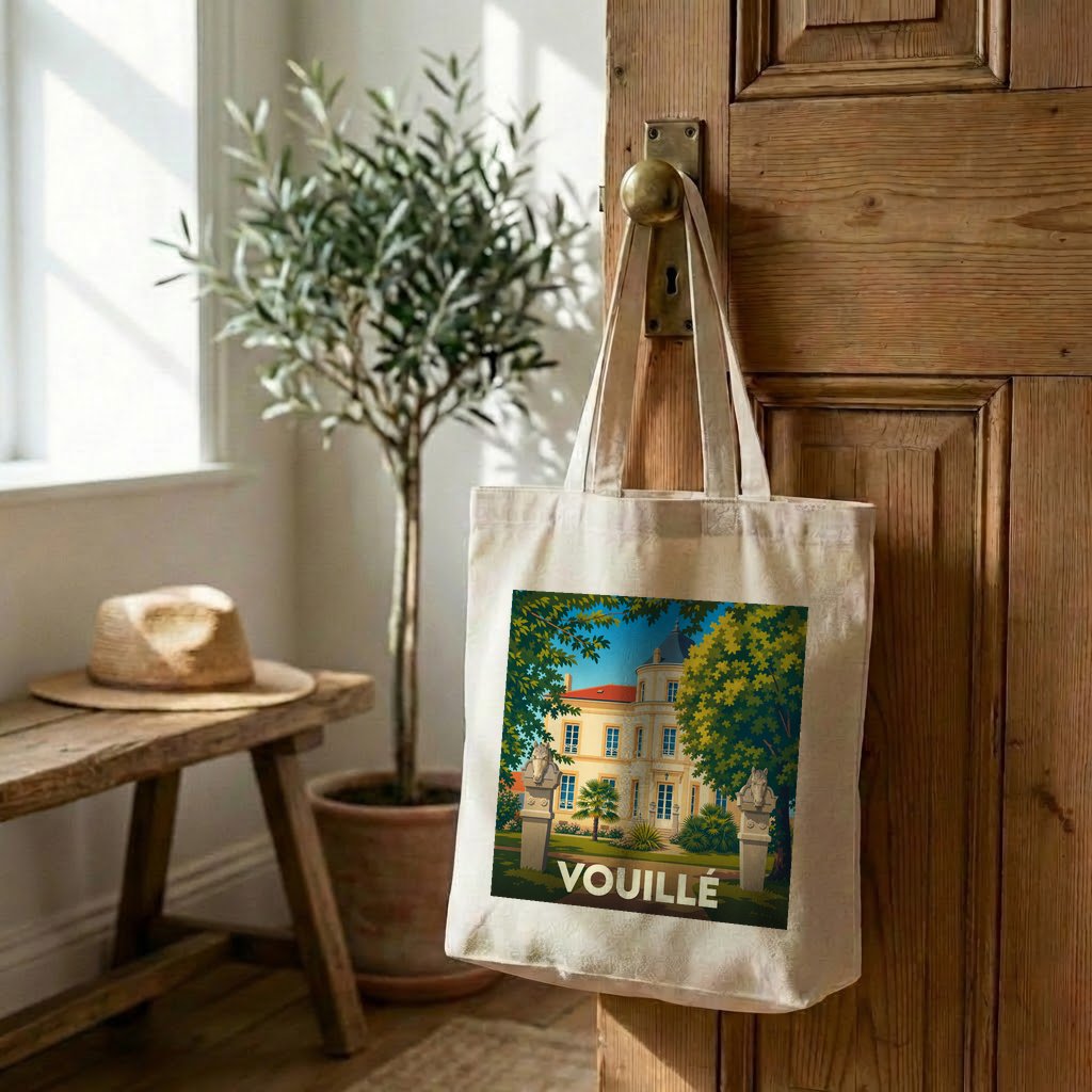 Tote bag souvenir de la ville de Vouillé avec une illustration stylisée d'un château.