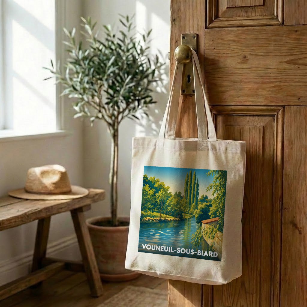 Tote bag souvenir de la ville de Vouneuil-sous-Biard avec une illustration stylisée de bord de rivière.