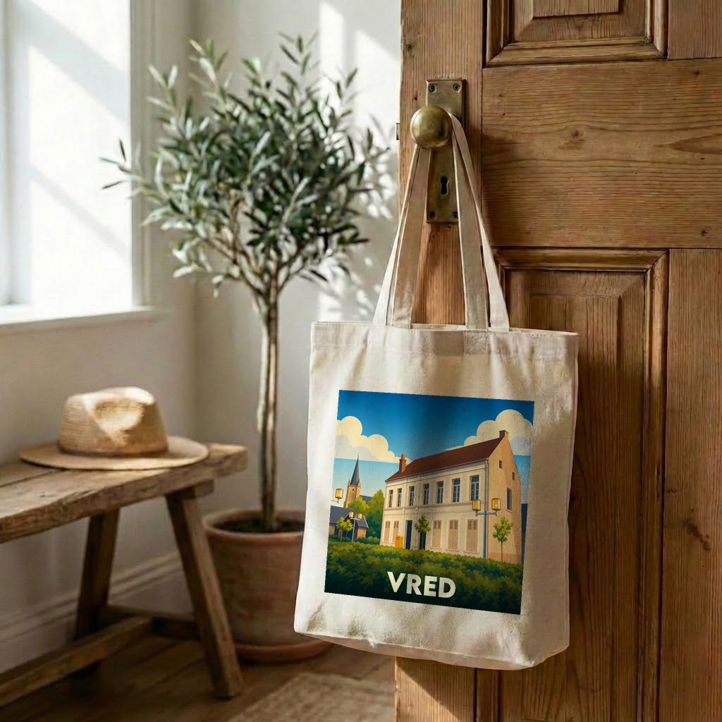 Tote bag souvenir de la ville de Vred avec une illustration stylisée.