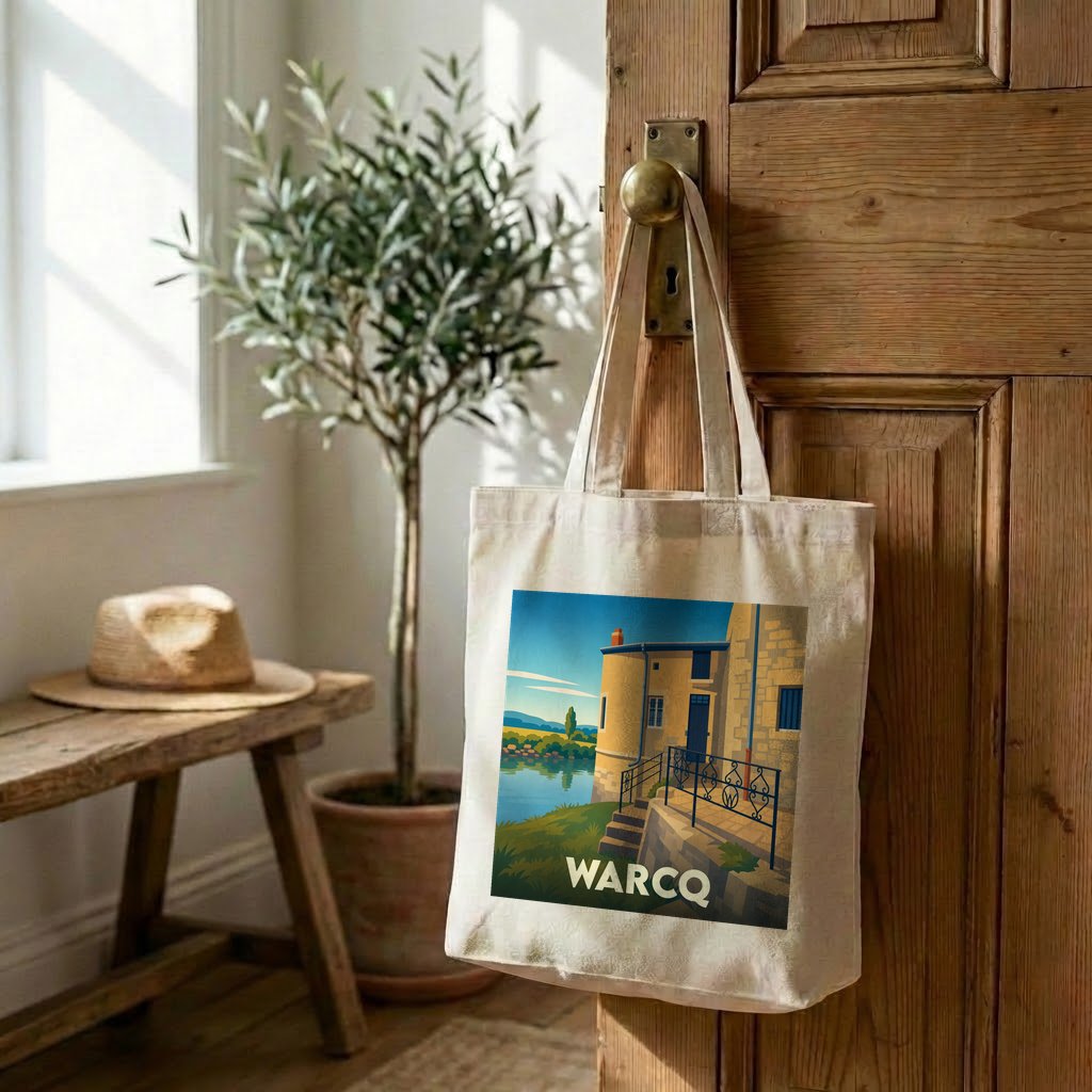 Tote bag souvenir de la ville de Warcq avec une illustration stylisée d'un paysage de bord d'eau.
