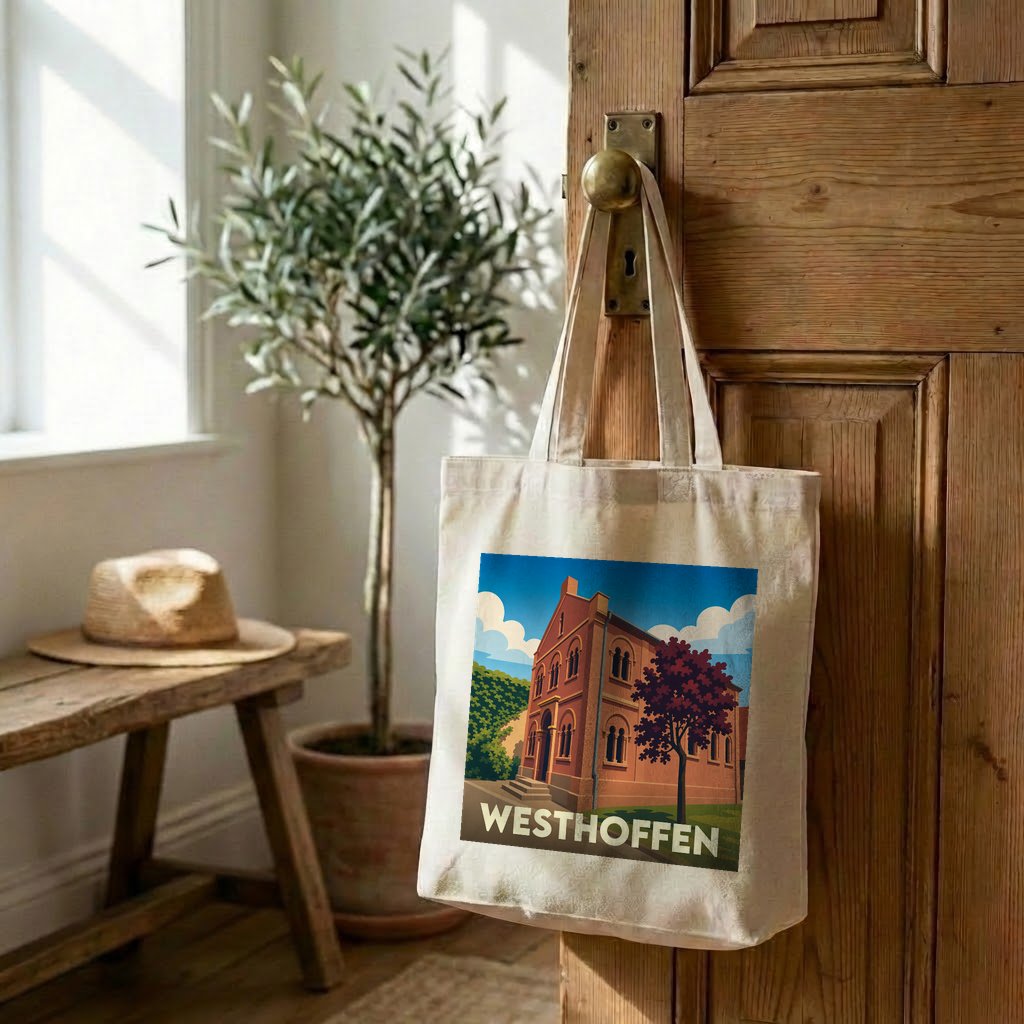 Tote bag souvenir de la ville de Westhoffen avec une illustration stylisée d'un bâtiment historique.