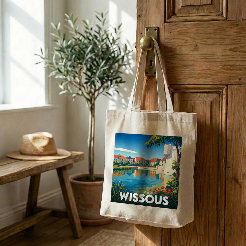Tote bag en toile arborant une illustration colorée et stylisée de la ville de Wissous.