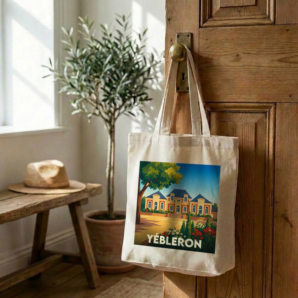 Tote bag souvenir de la ville de Yébleron avec une illustration stylisée.
