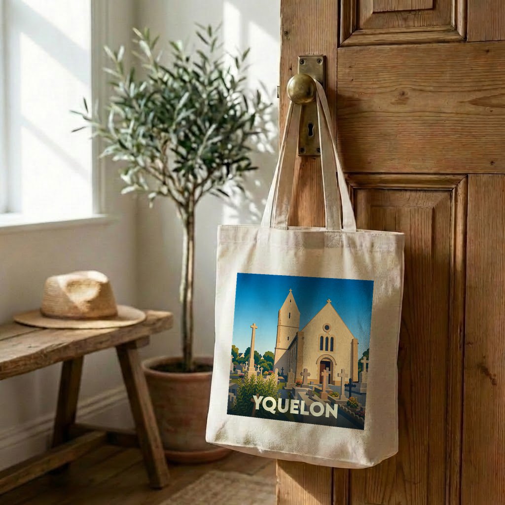 Tote bag souvenir de la ville d'Yquelon avec une illustration stylisée d'une église et de son cimetière.