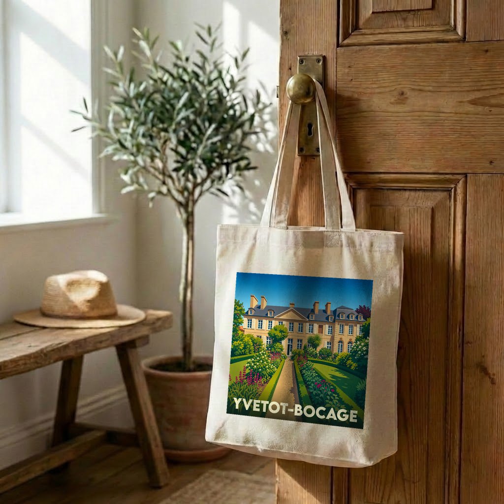 Tote bag souvenir de la ville d'Yvetot-Bocage avec une illustration stylisée de château et jardin.