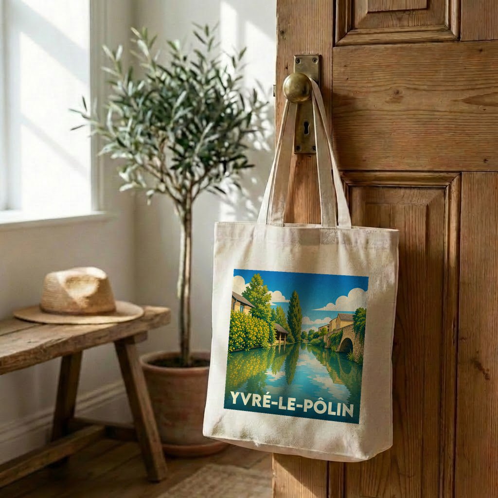 Tote bag souvenir de la ville de Yvré-le-Pôlin avec une illustration stylisée d'un paysage fluvial.