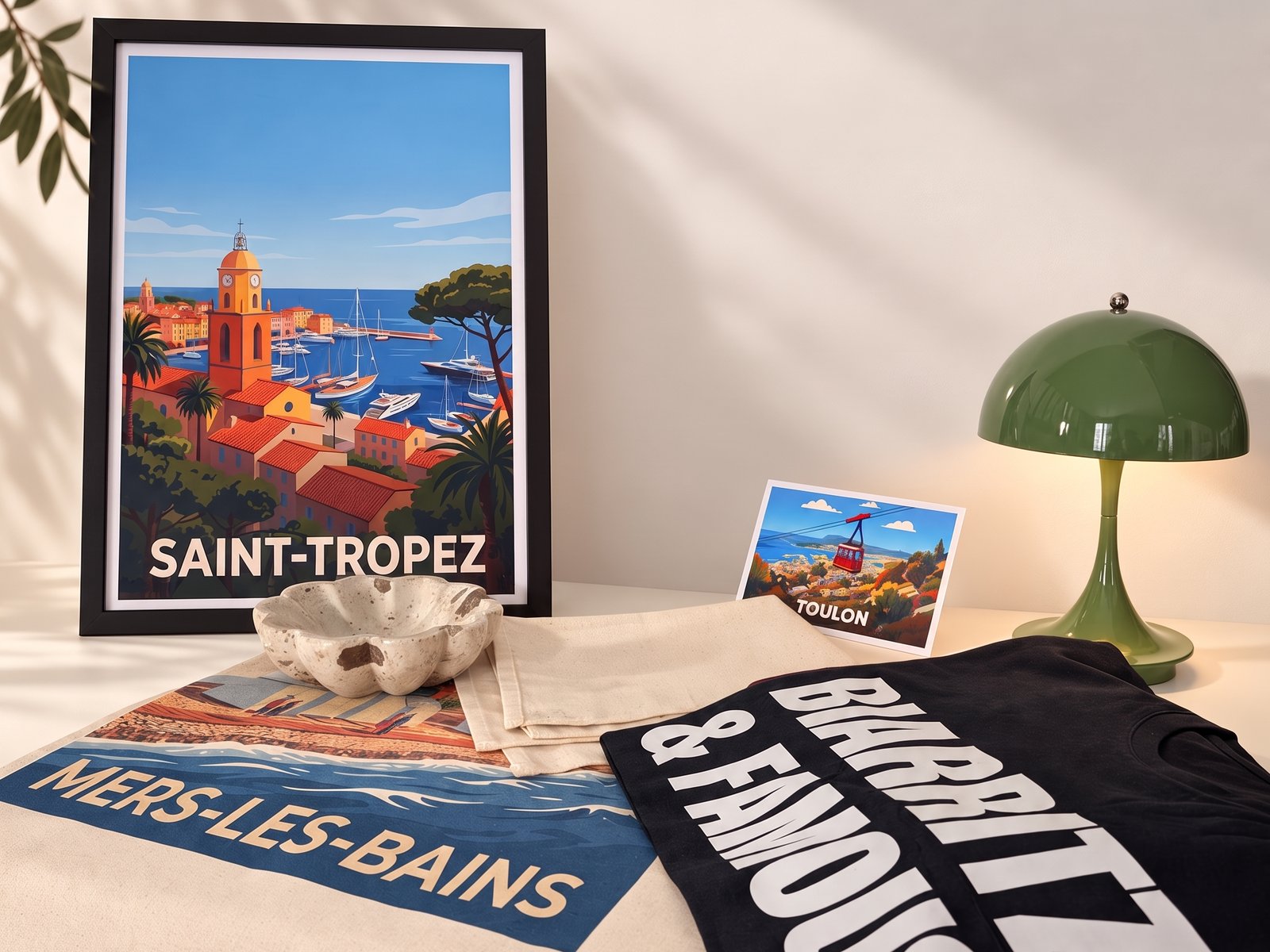Affiche Saint-Tropez encadrée, torchon Mers-les-Bains, carte postale Toulon, tote bag et t-shirt Biarritz Club Chauvin